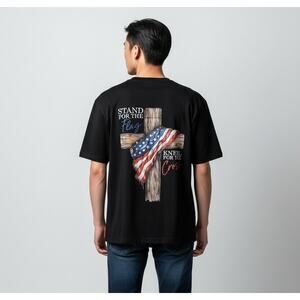 Graphic Faith T-Shirt Stand for the Flag Kneel For The Cross Mens L Christian